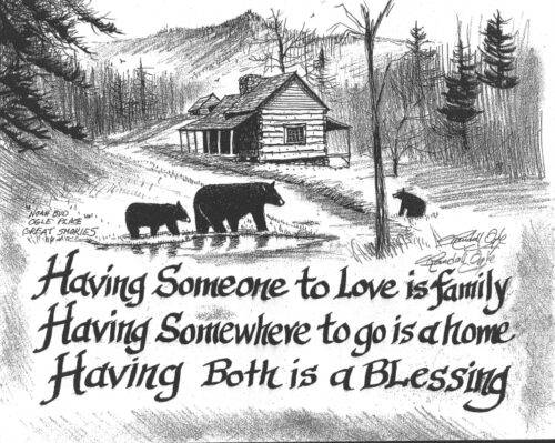 Bears at Ogle Cabin Pen and Ink Drawing by Randall Ogle