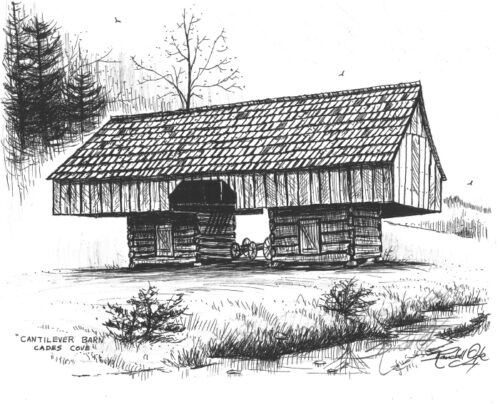Cantilever Barn Pen and Ink by Randall Ogle